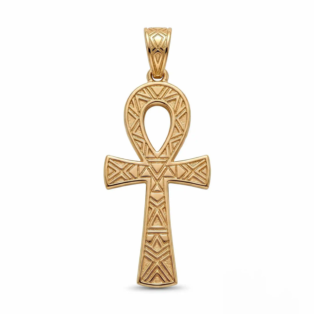 Ankh cross pendant necklace with engraved Egyptian pattern displayed on white background.