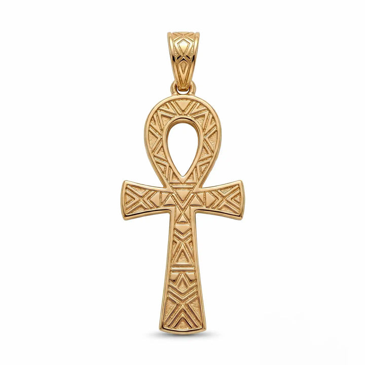 Ankh cross pendant necklace with engraved Egyptian pattern displayed on white background.