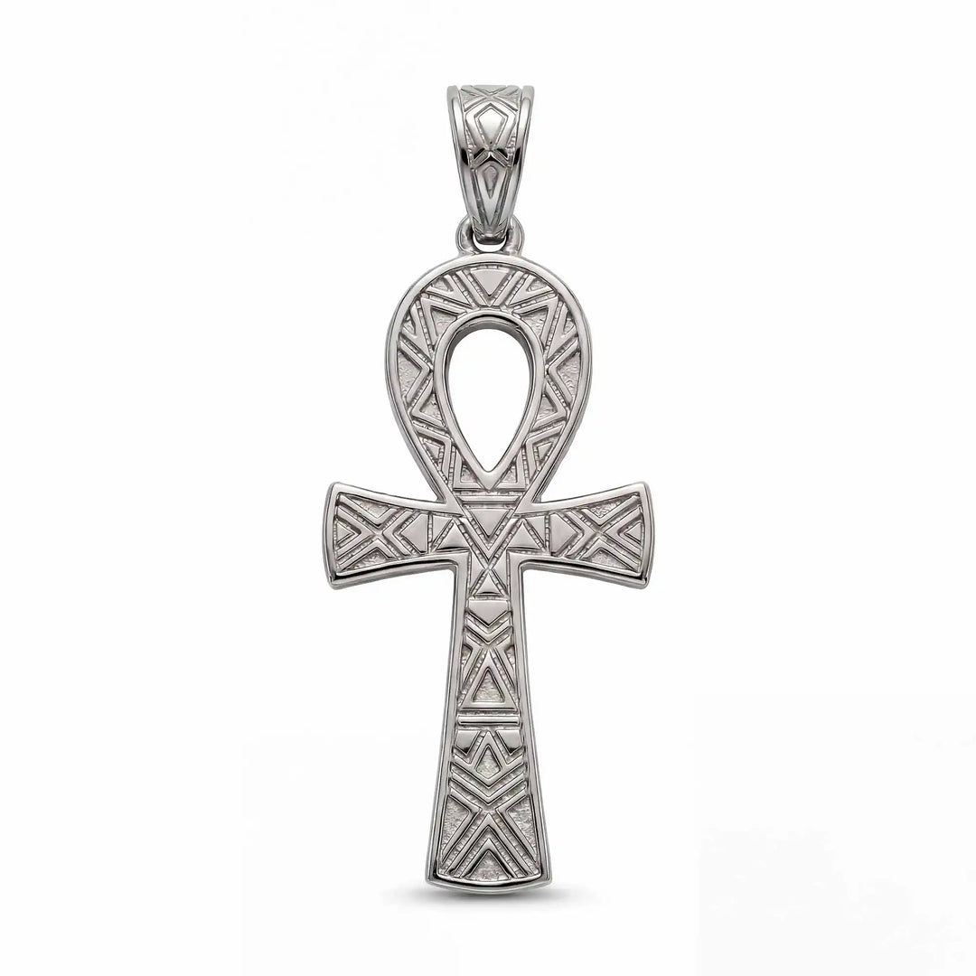 Ankh cross pendant necklace with engraved Egyptian pattern displayed on white background.