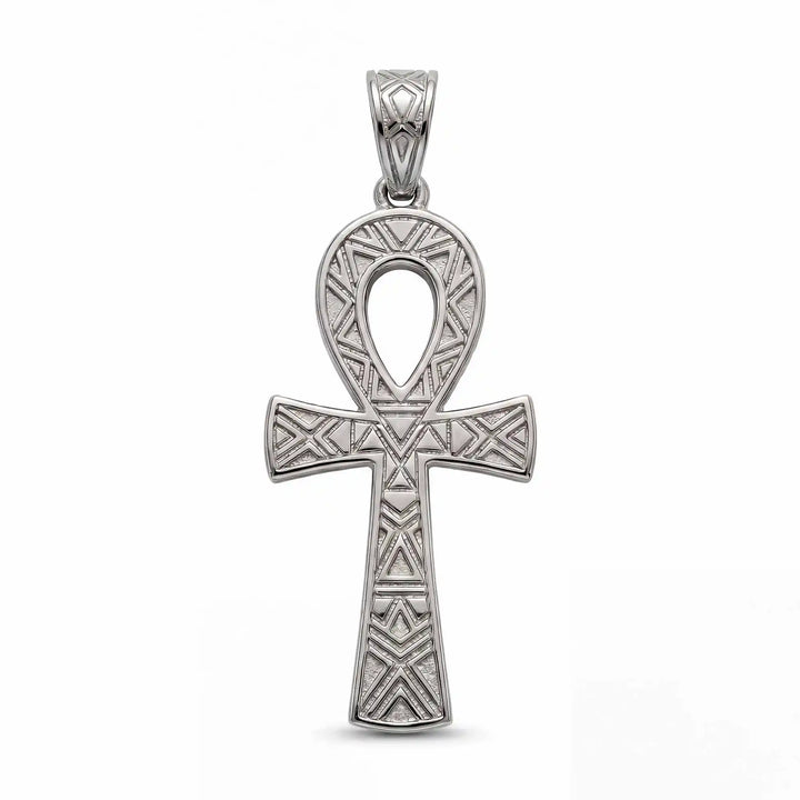 Ankh cross pendant necklace with engraved Egyptian pattern displayed on white background.
