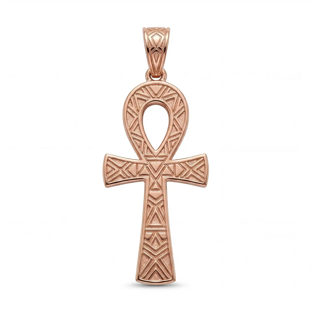 Ankh cross pendant necklace with engraved Egyptian pattern displayed on white background.