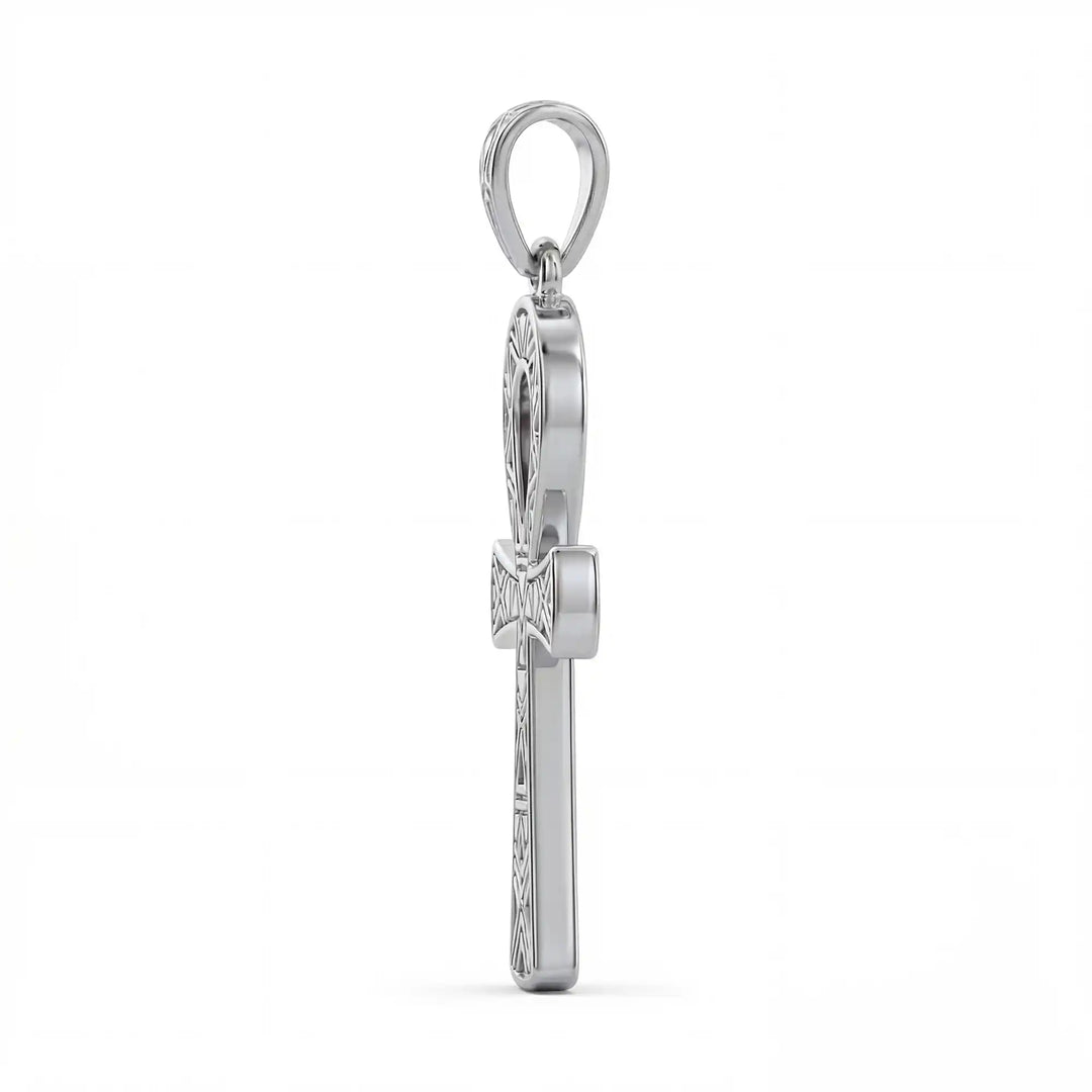 Ankh cross pendant necklace with engraved Egyptian pattern displayed on white background.