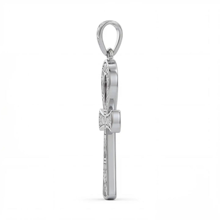 Ankh cross pendant necklace with engraved Egyptian pattern displayed on white background.