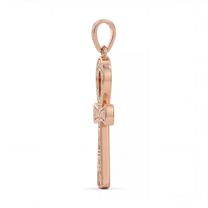 Ankh cross pendant necklace with engraved Egyptian pattern displayed on white background.