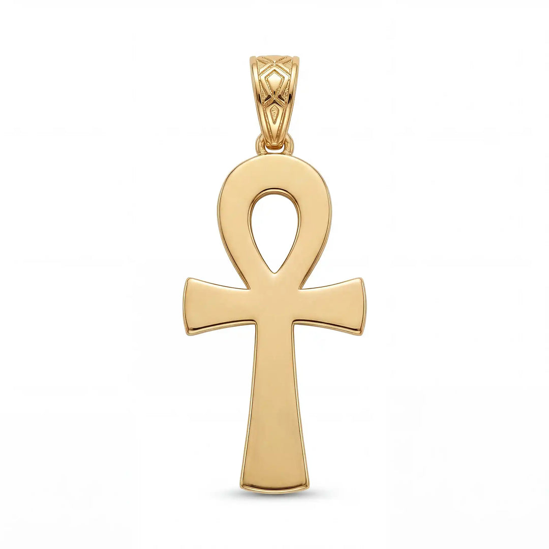 Ankh cross pendant necklace with engraved Egyptian pattern displayed on white background.
