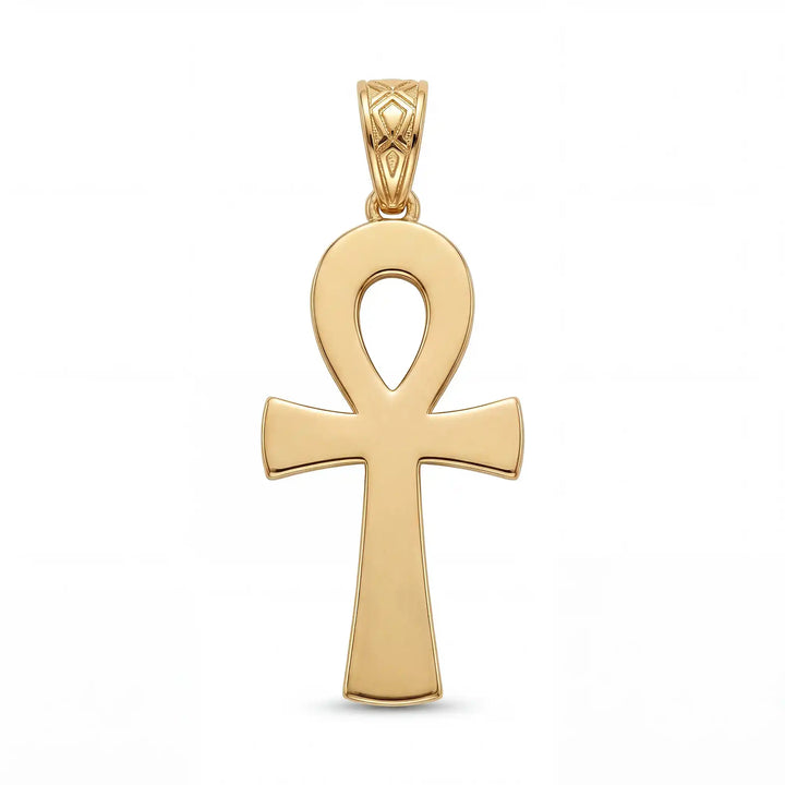 Ankh cross pendant necklace with engraved Egyptian pattern displayed on white background.