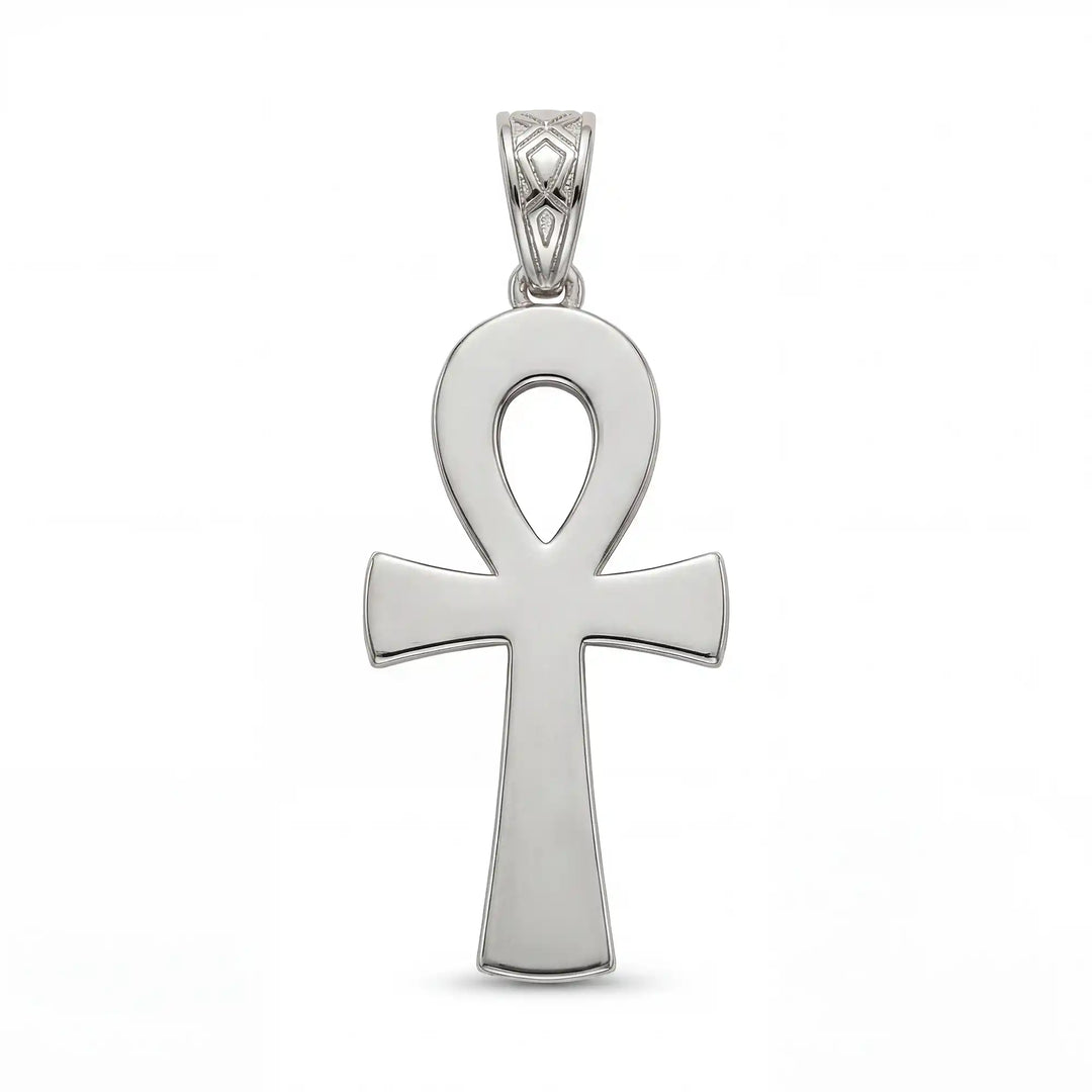 Ankh cross pendant necklace with engraved Egyptian pattern displayed on white background.