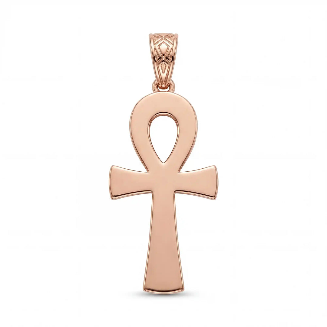Ankh cross pendant necklace with engraved Egyptian pattern displayed on white background.