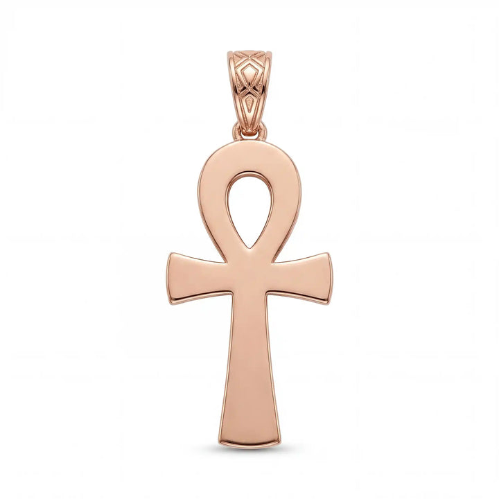 Ankh cross pendant necklace with engraved Egyptian pattern displayed on white background.