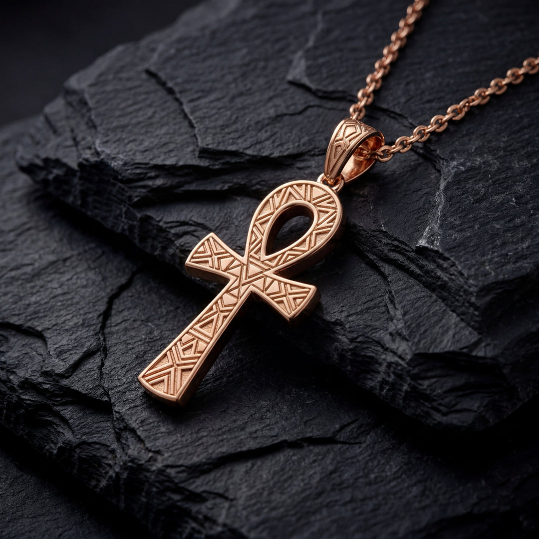 30mm Ankh cross pendant with smooth polished finish on black stone.