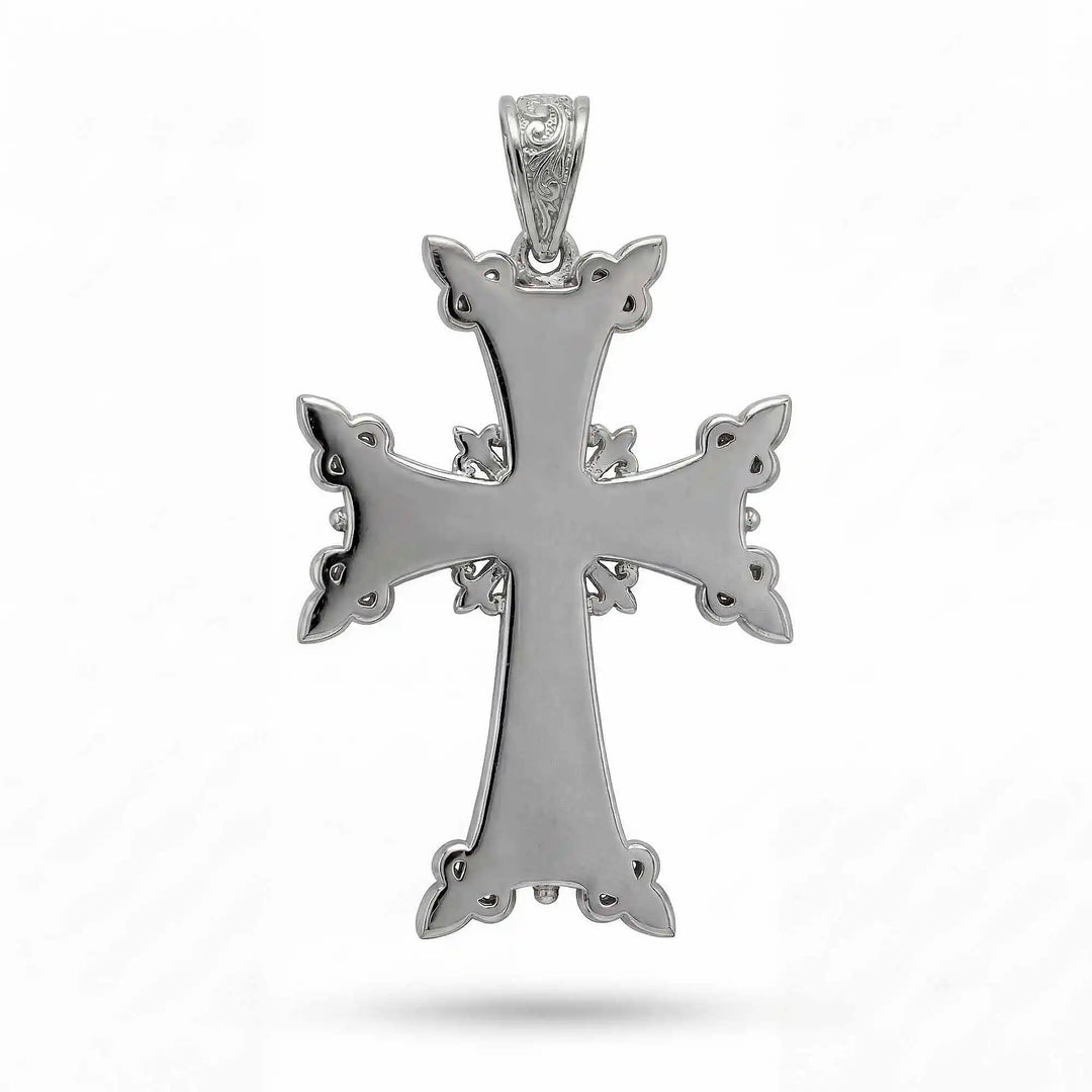 Ornate Armenian cross pendant necklace with detailed filigree design displayed on white background.