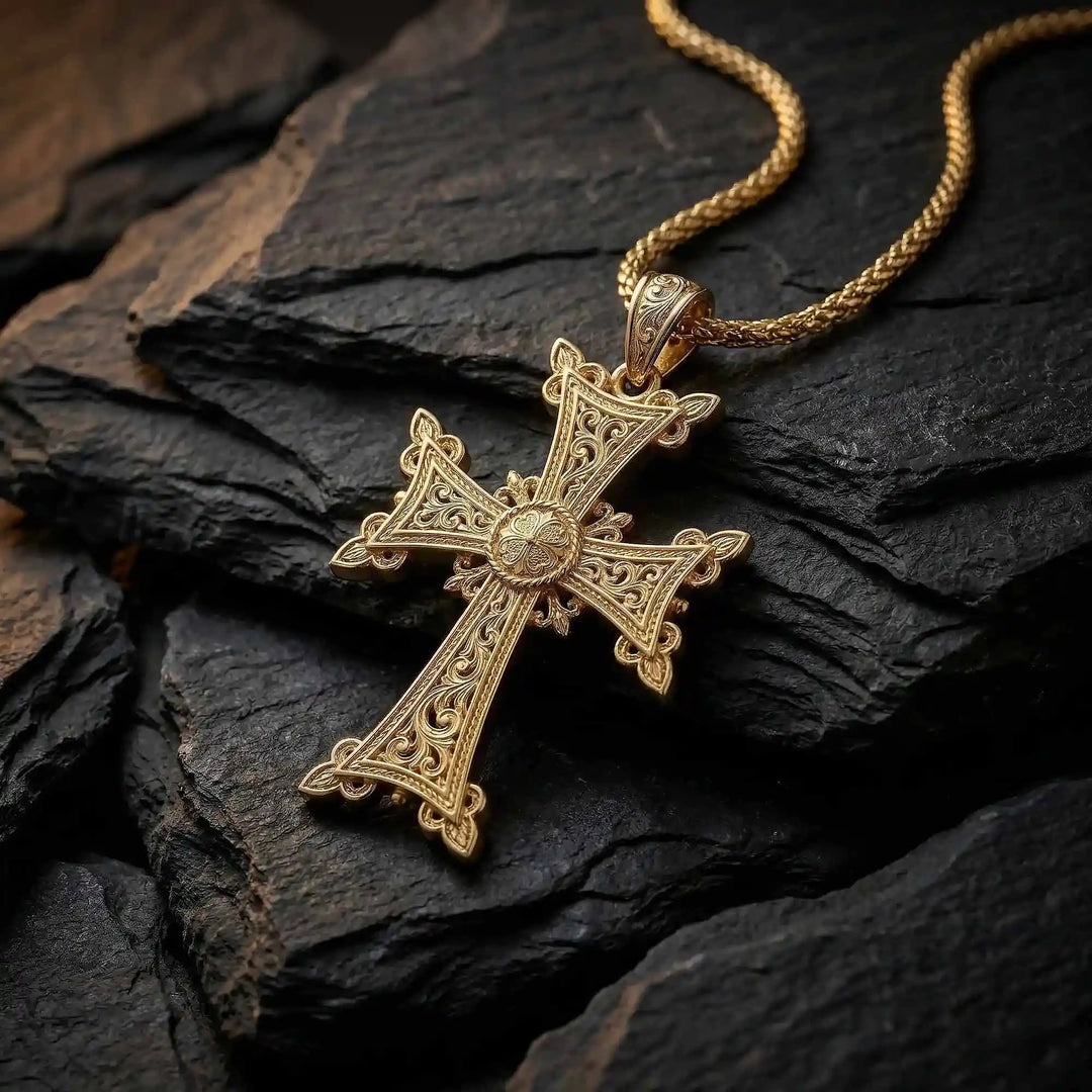 Ornate Armenian cross pendant necklace with detailed filigree design displayed on black stone.