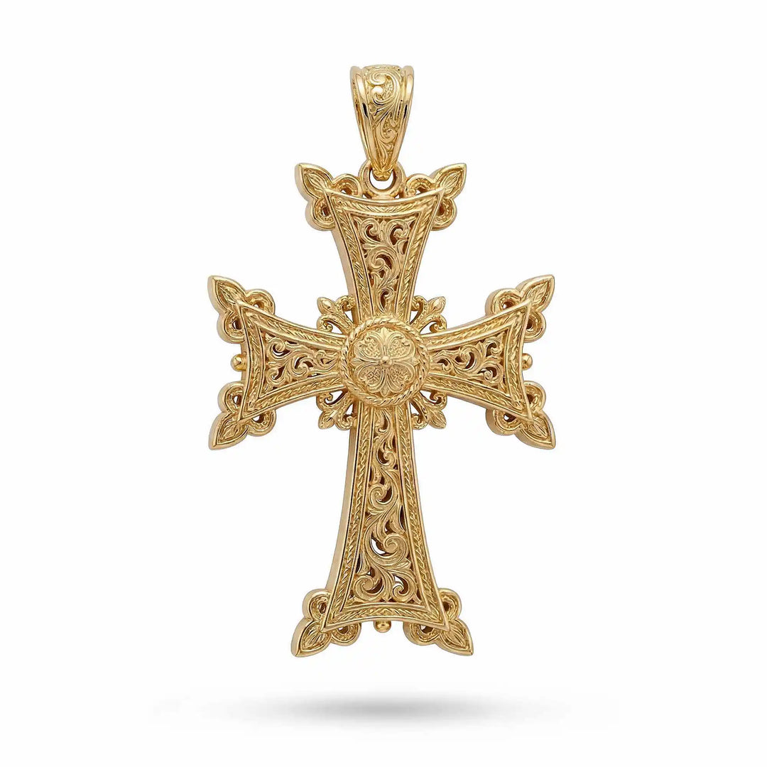 Ornate Armenian cross pendant necklace with detailed filigree design displayed on white background.