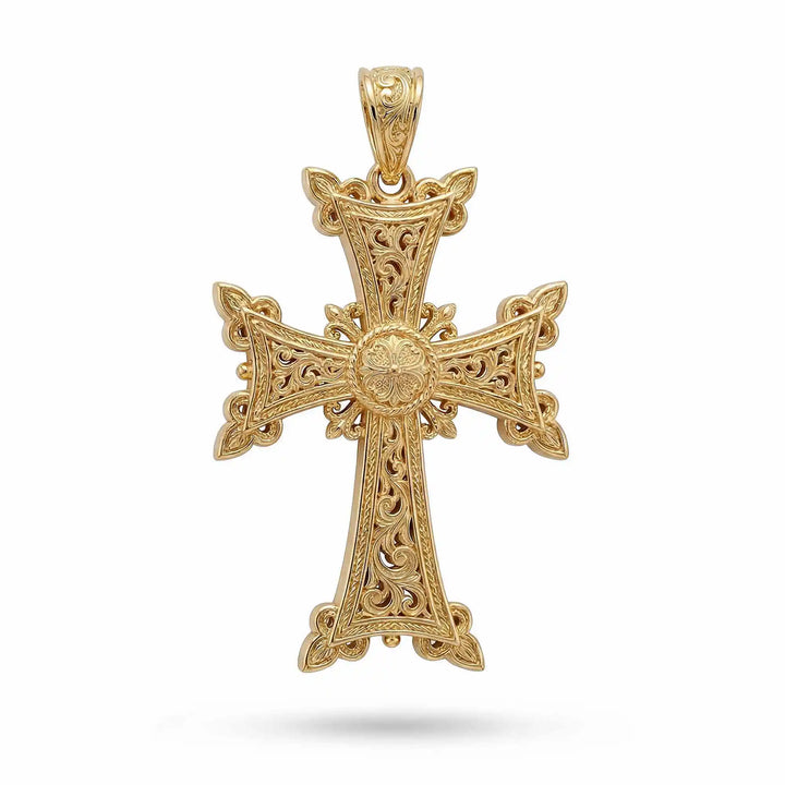 Ornate Armenian cross pendant necklace with detailed filigree design displayed on white background.
