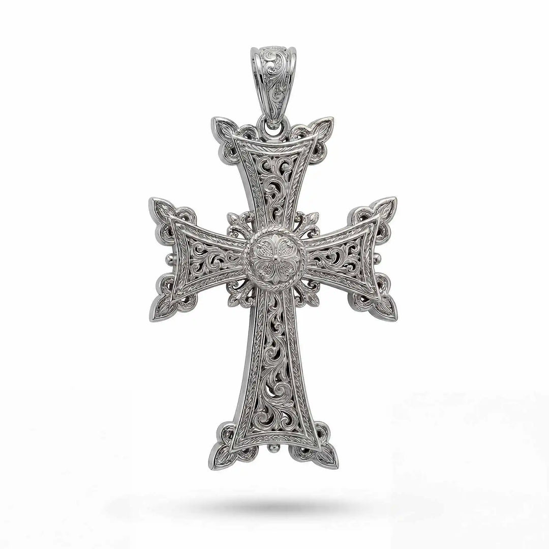 Ornate Armenian cross pendant necklace with detailed filigree design displayed on white background.