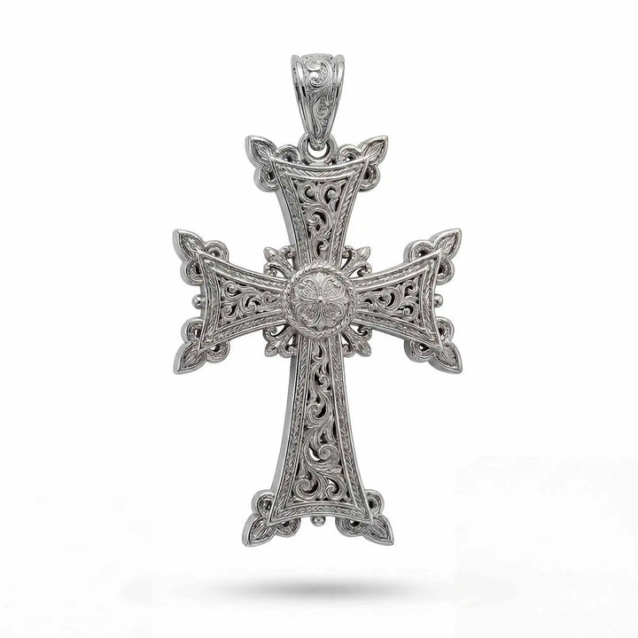 Ornate Armenian cross pendant necklace with detailed filigree design displayed on white background.