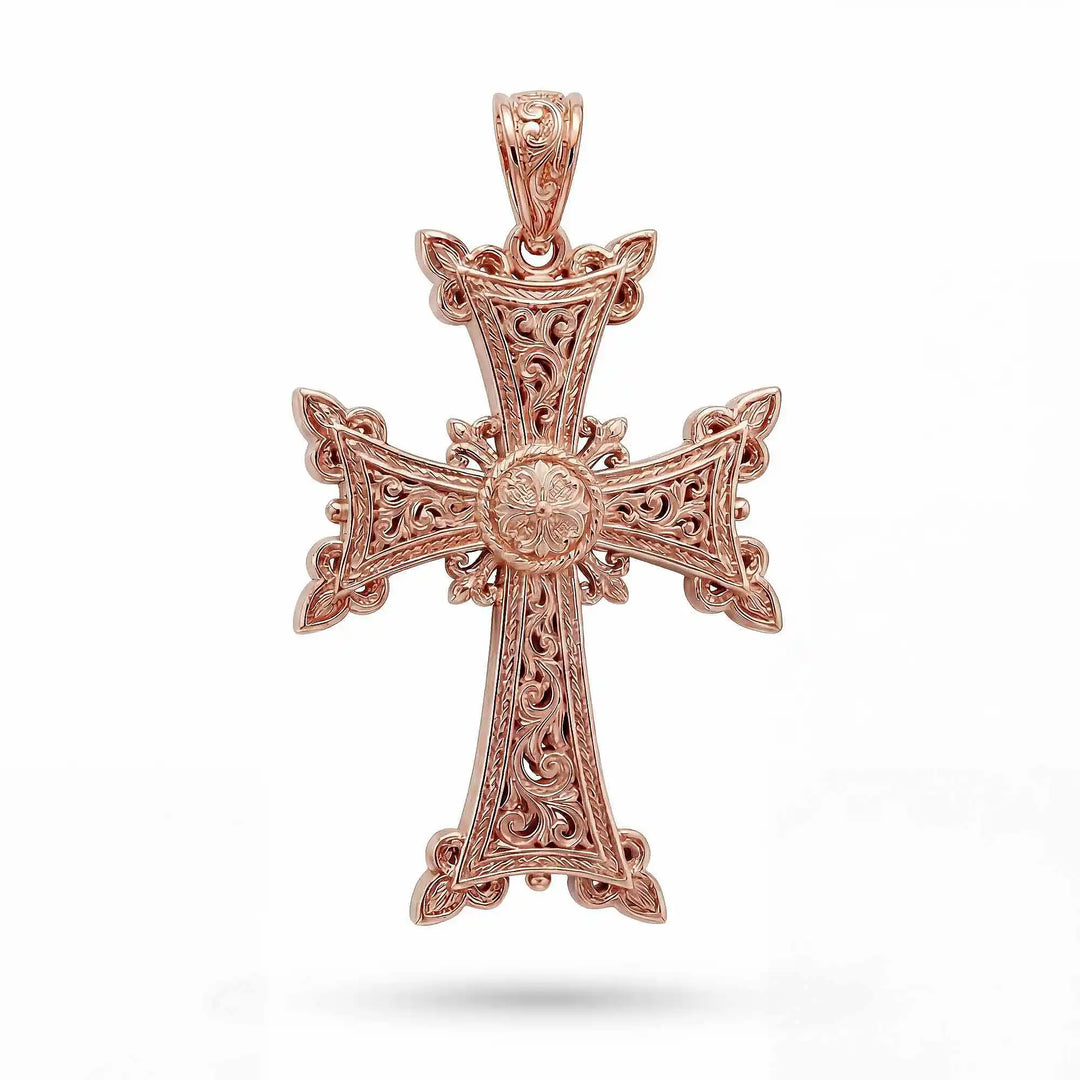 Ornate Armenian cross pendant necklace with detailed filigree design displayed on white background.