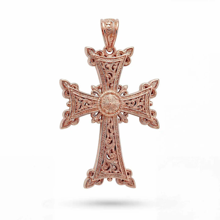 Ornate Armenian cross pendant necklace with detailed filigree design displayed on white background.
