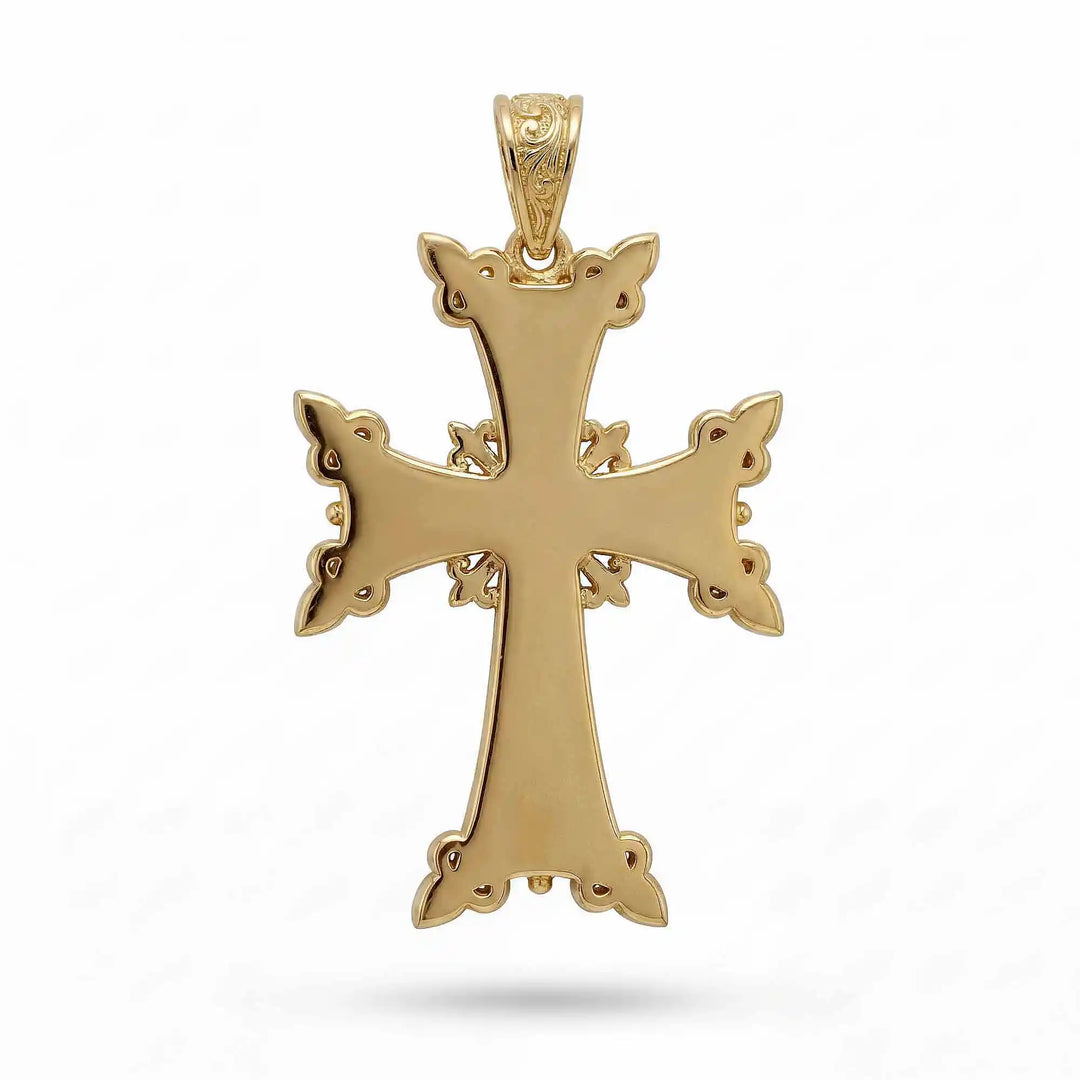 Ornate Armenian cross pendant necklace with detailed filigree design displayed on white background.