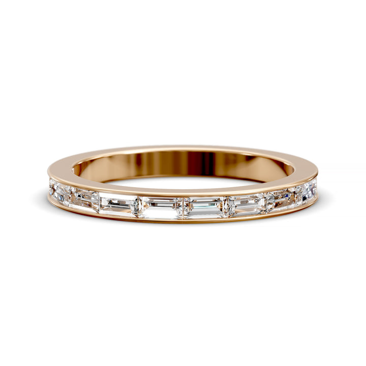 Baguette channel set modern wedding band in polished metal finish