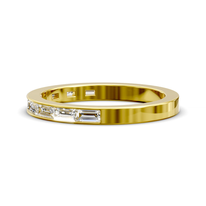 Baguette channel set modern wedding band in polished metal finish