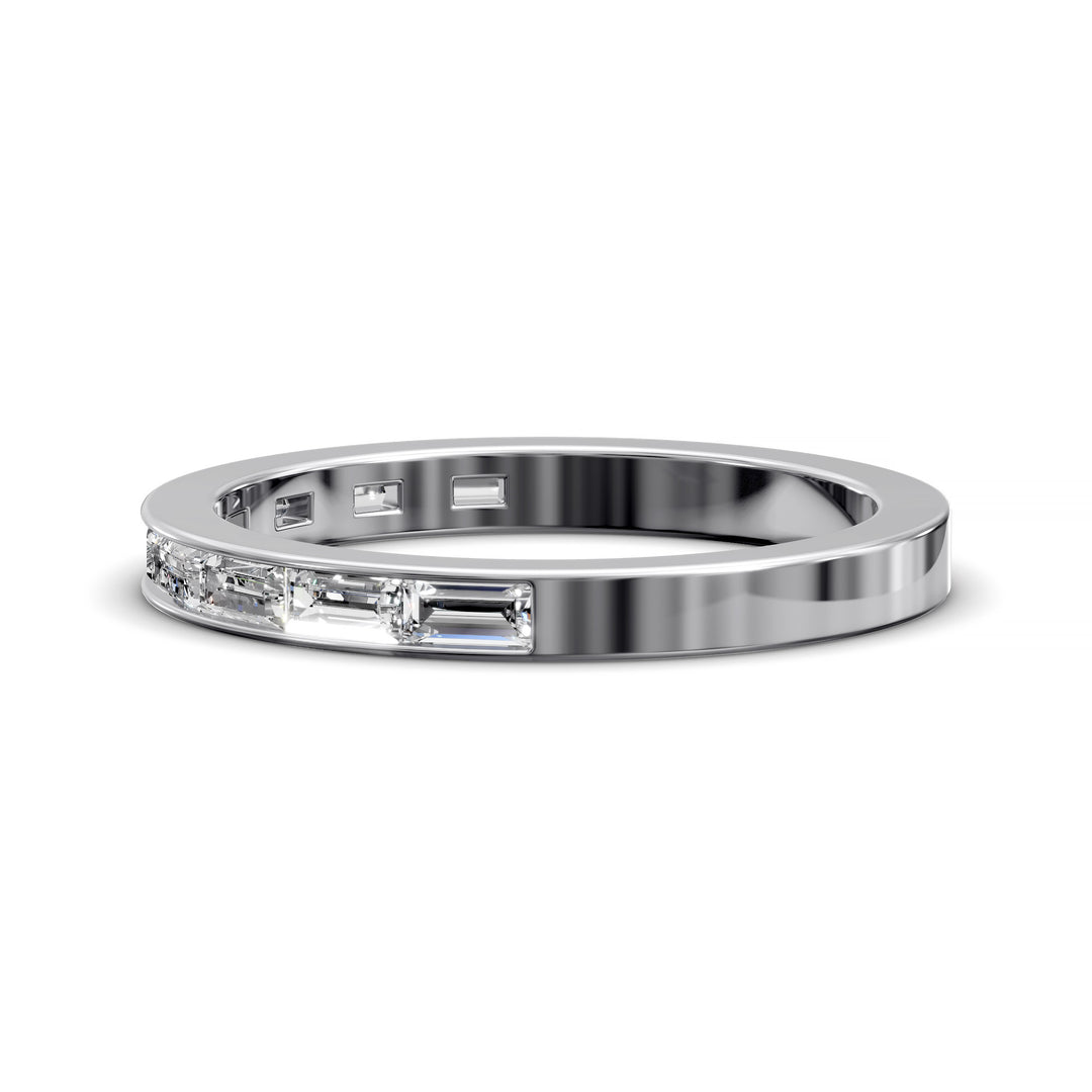 Baguette channel set modern wedding band in polished metal finish
