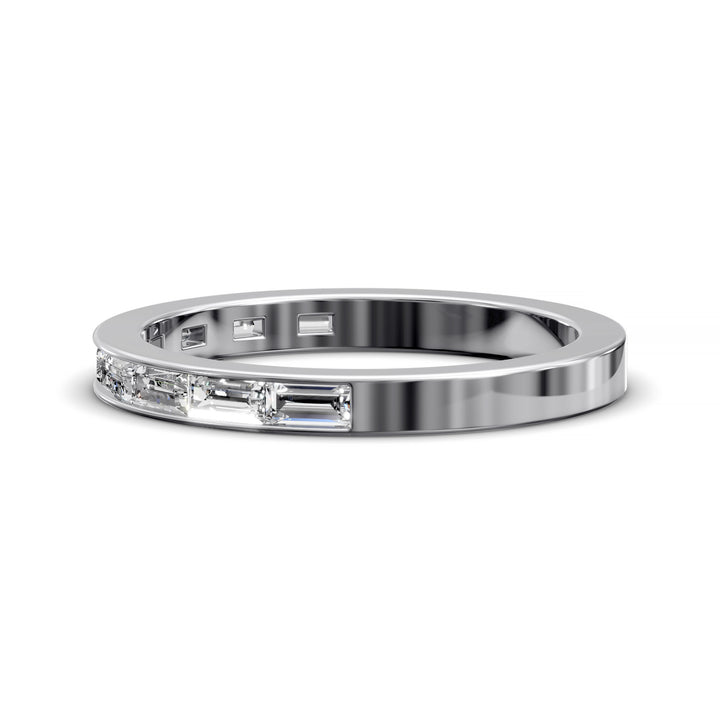 Baguette channel set modern wedding band in polished metal finish