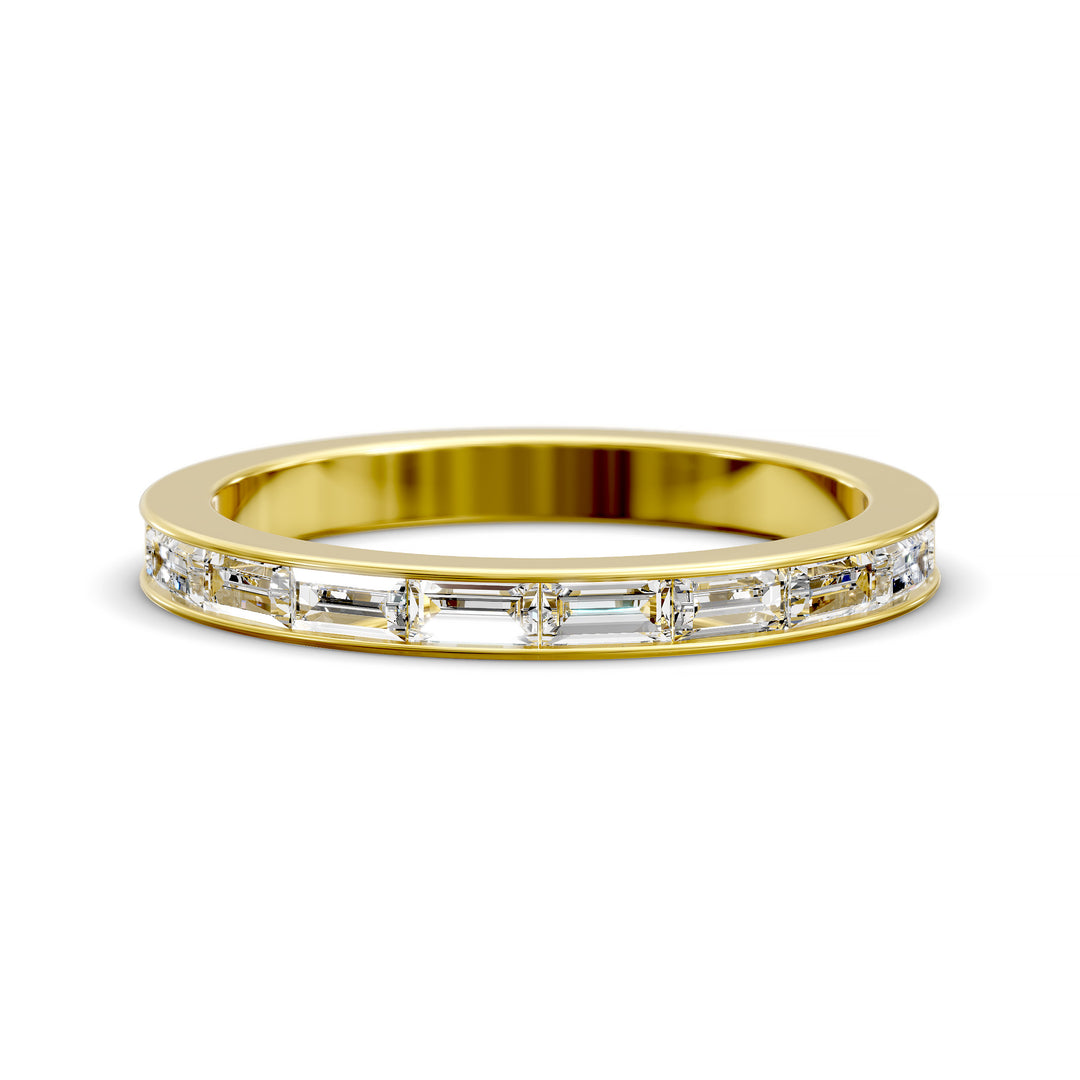 Baguette channel set modern wedding band in polished metal finish