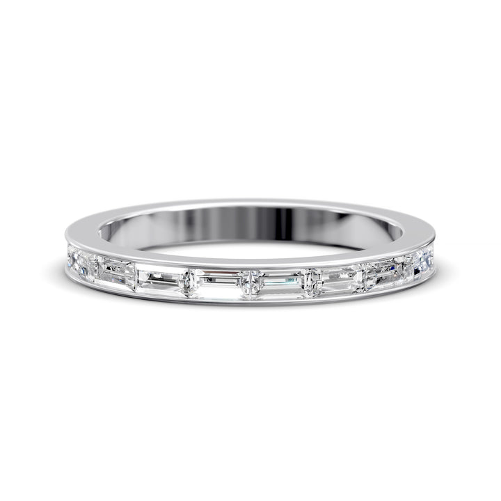Baguette channel set modern wedding band in polished metal finish