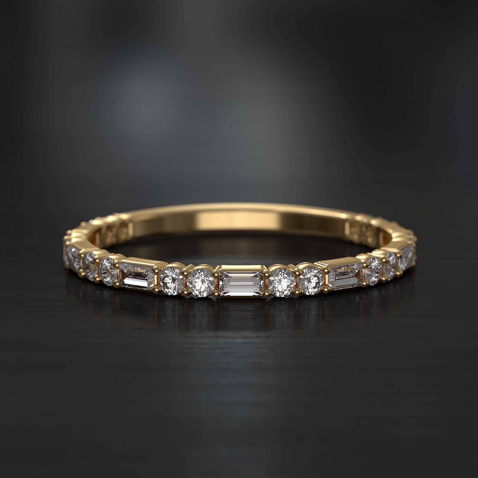 Lab-grown diamond band with alternating baguette and round diamonds, crafted in gold or platinum.