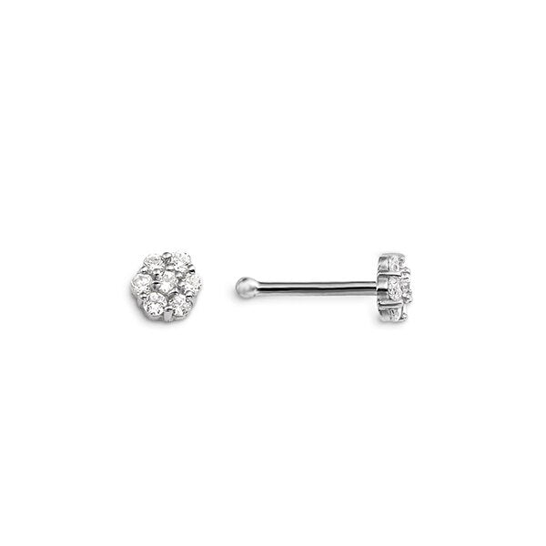 14K white gold nose ring with clear cubic zirconia flower cluster