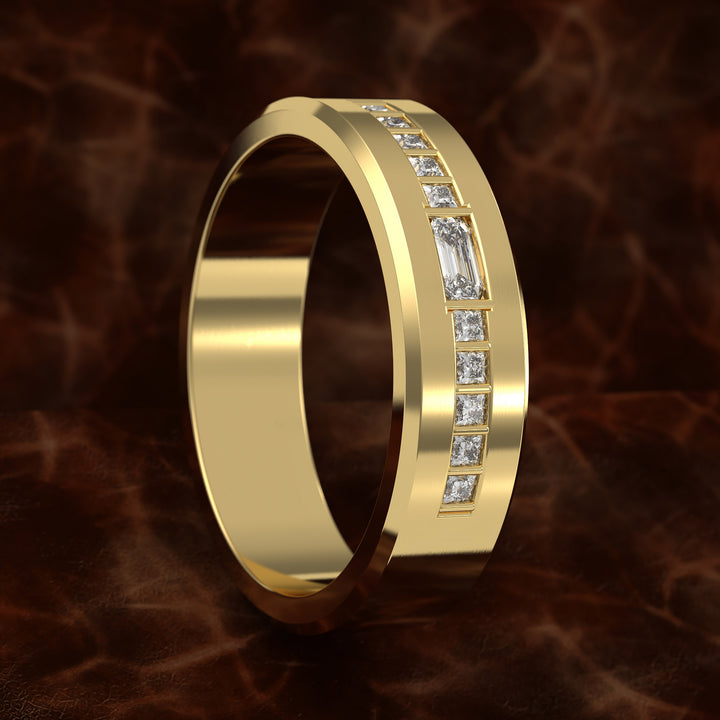 Beveled Edge Channel-Set Wedding Band with Emerald-Cut Center