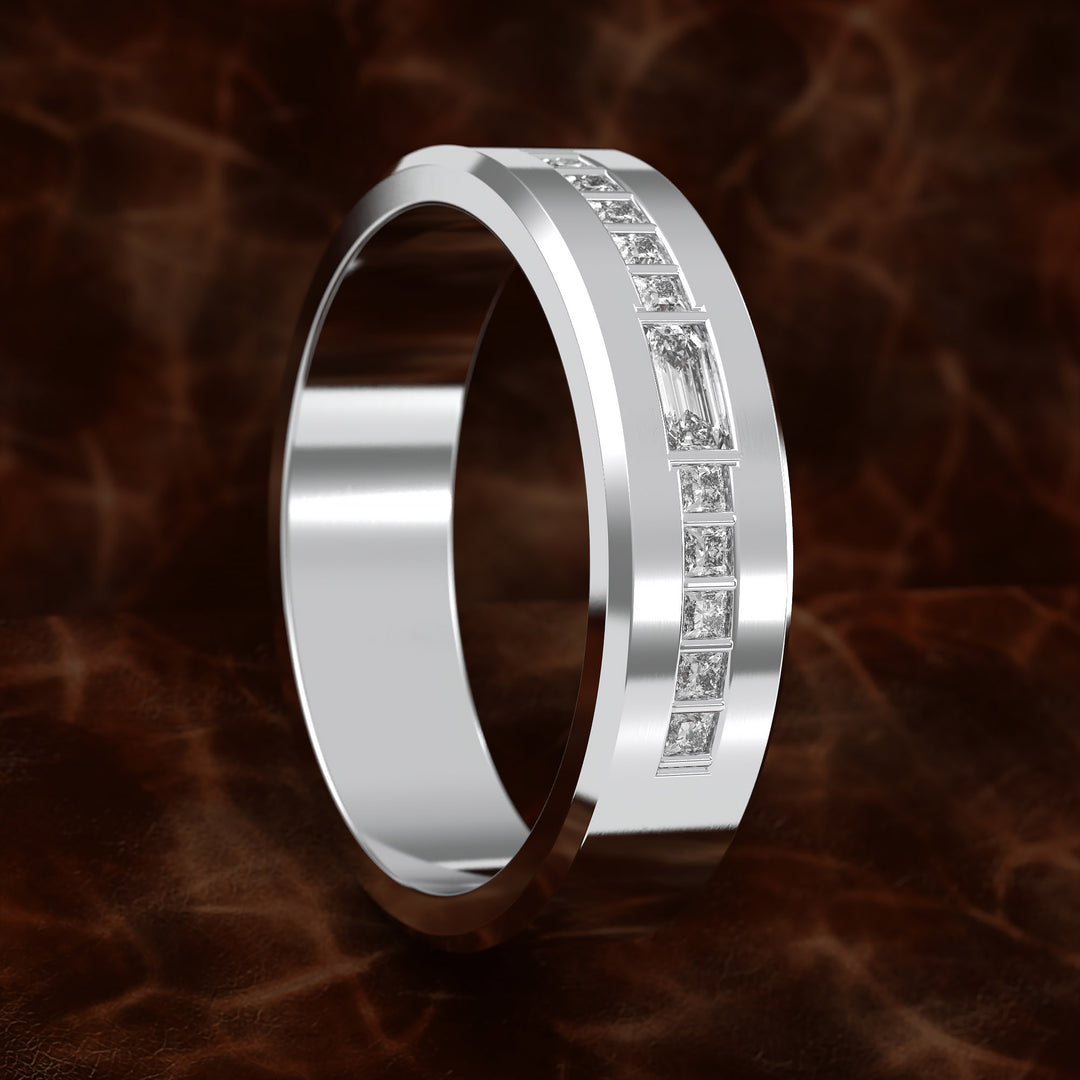 Beveled Edge Channel-Set Wedding Band with Emerald-Cut Center