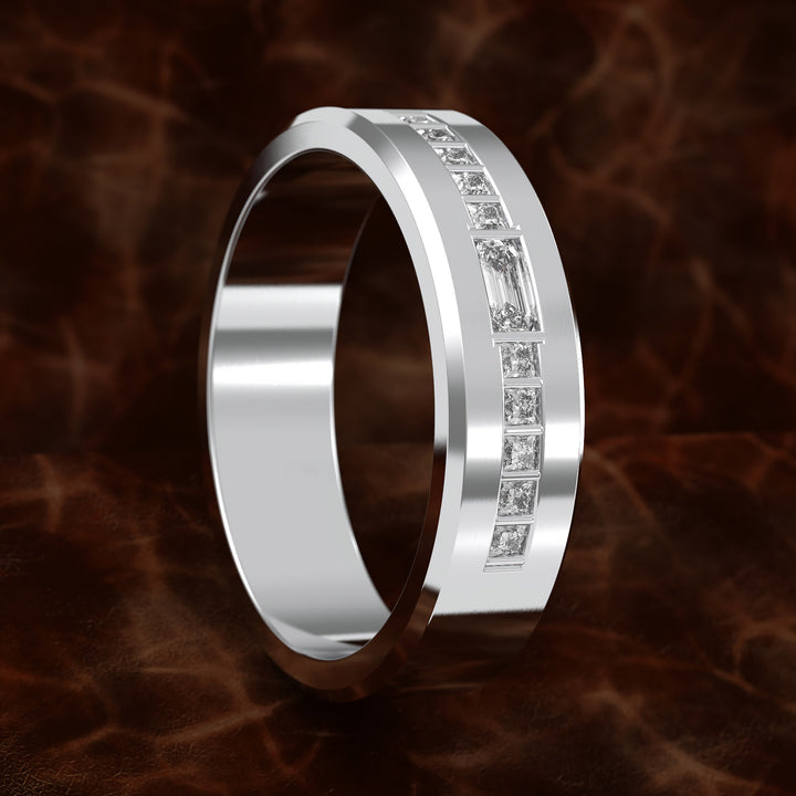 Beveled Edge Channel-Set Wedding Band with Emerald-Cut Center