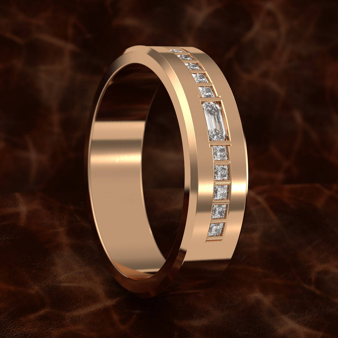 Beveled Edge Channel-Set Wedding Band with Emerald-Cut Center
