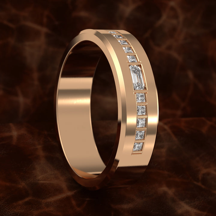 Beveled Edge Channel-Set Wedding Band with Emerald-Cut Center