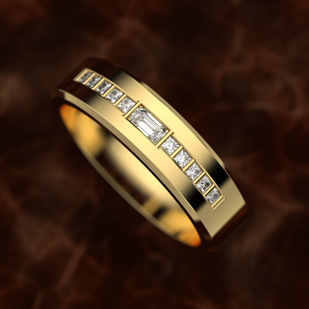 Beveled Edge Channel-Set Wedding Band with Emerald-Cut Center