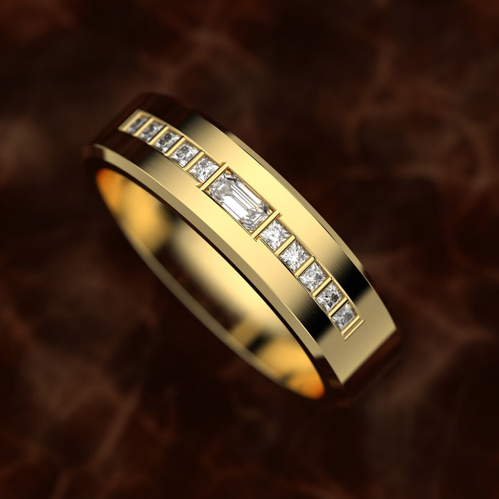 Beveled Edge Channel-Set Wedding Band with Emerald-Cut Center