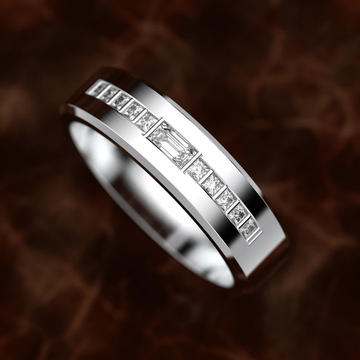 Beveled Edge Channel-Set Wedding Band with Emerald-Cut Center