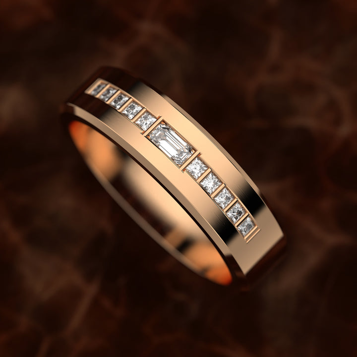 Beveled Edge Channel-Set Wedding Band with Emerald-Cut Center