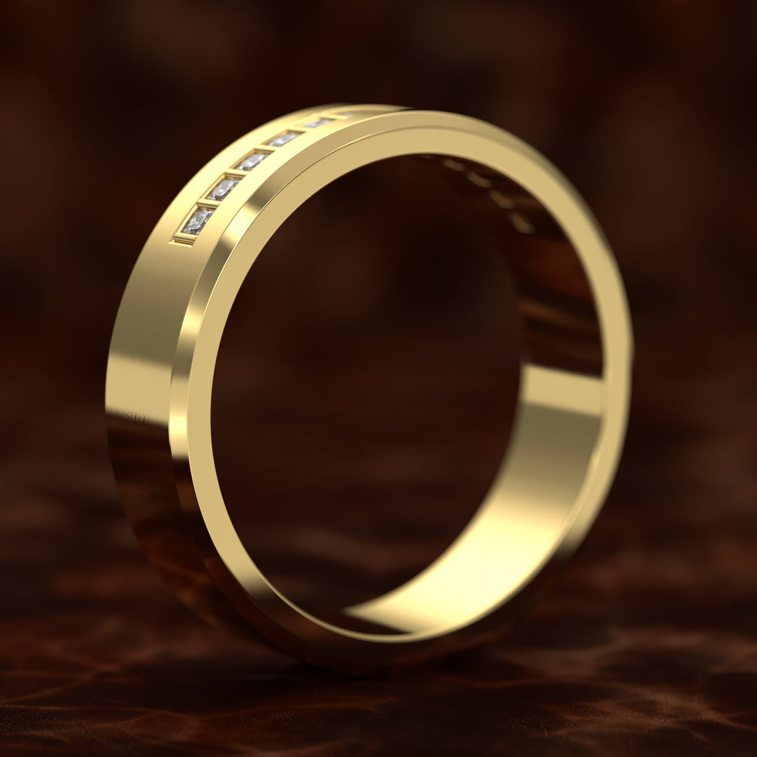 Beveled Edge Channel-Set Wedding Band with Emerald-Cut Center