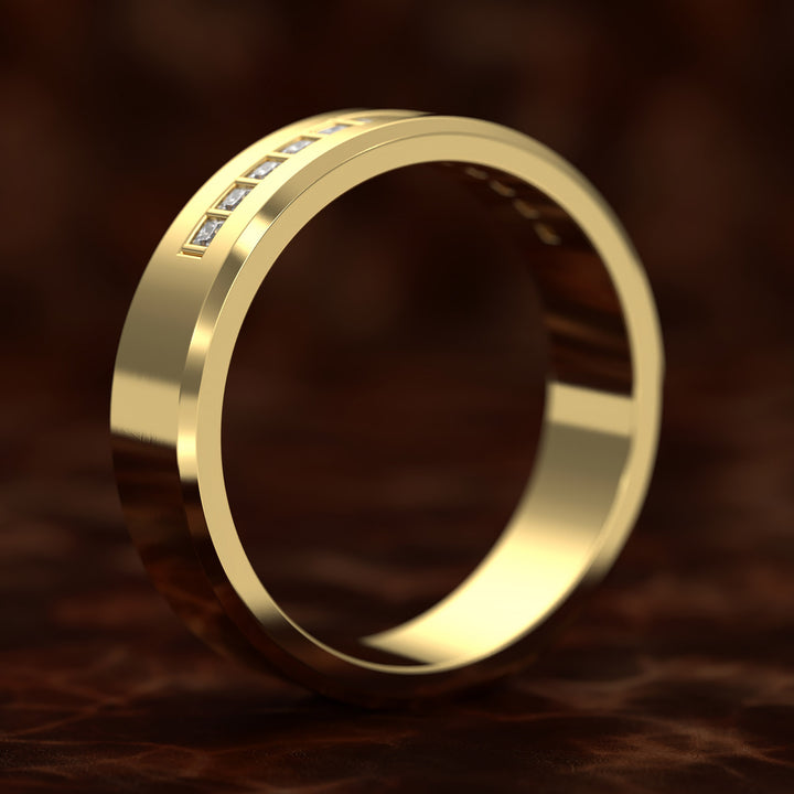 Beveled Edge Channel-Set Wedding Band with Emerald-Cut Center