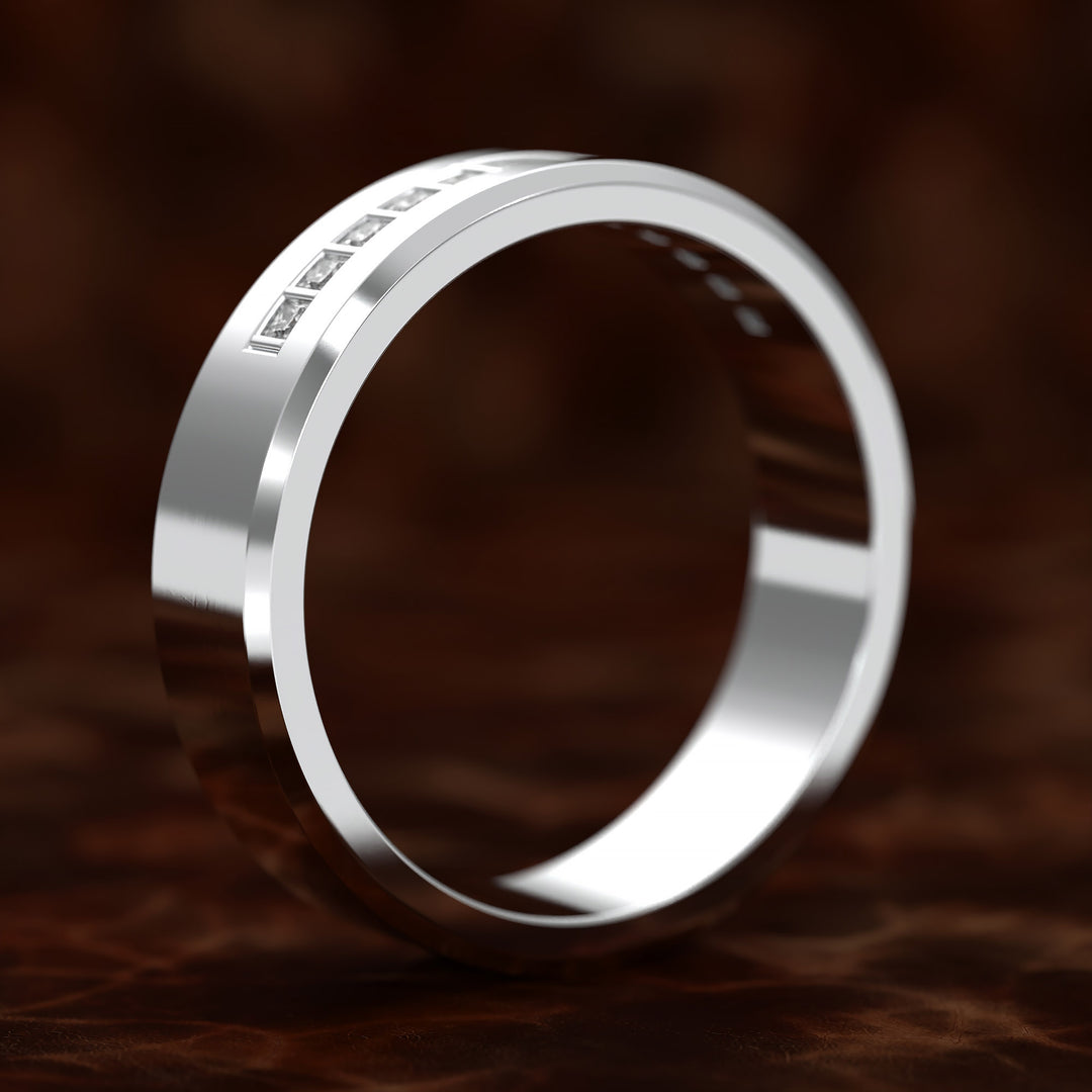 Beveled Edge Channel-Set Wedding Band with Emerald-Cut Center
