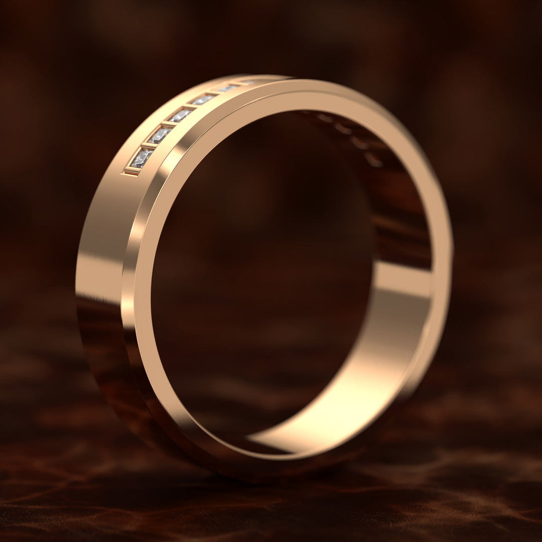 Beveled Edge Channel-Set Wedding Band with Emerald-Cut Center