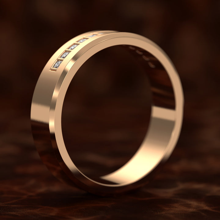 Beveled Edge Channel-Set Wedding Band with Emerald-Cut Center
