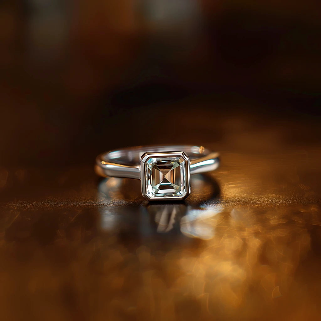 A close-up of a bezel-set emerald cut diamond ring with a sleek silver band.