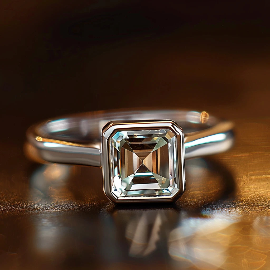 A close-up of a bezel-set emerald cut diamond ring with a sleek silver band.