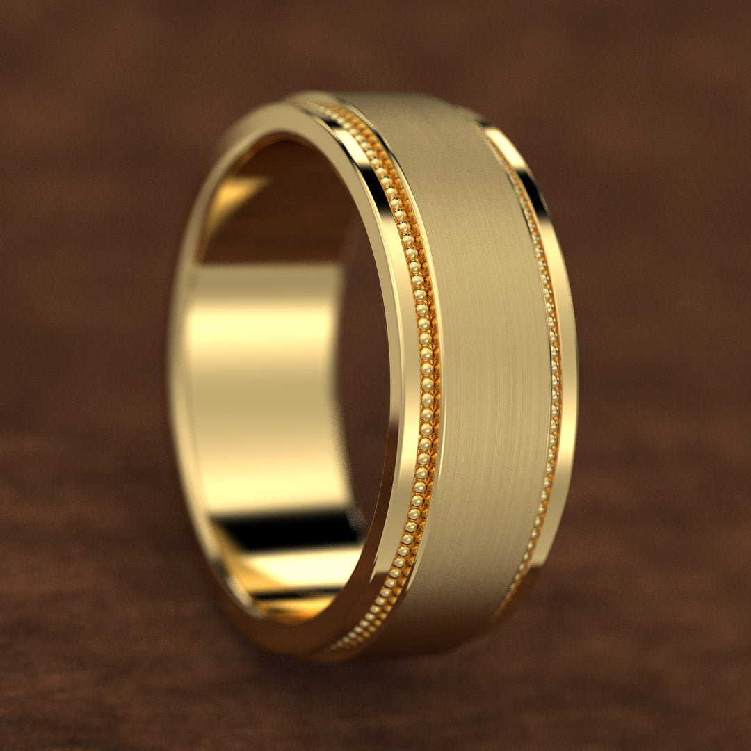 men’s brushed center band with double milgrain borders in wide profile