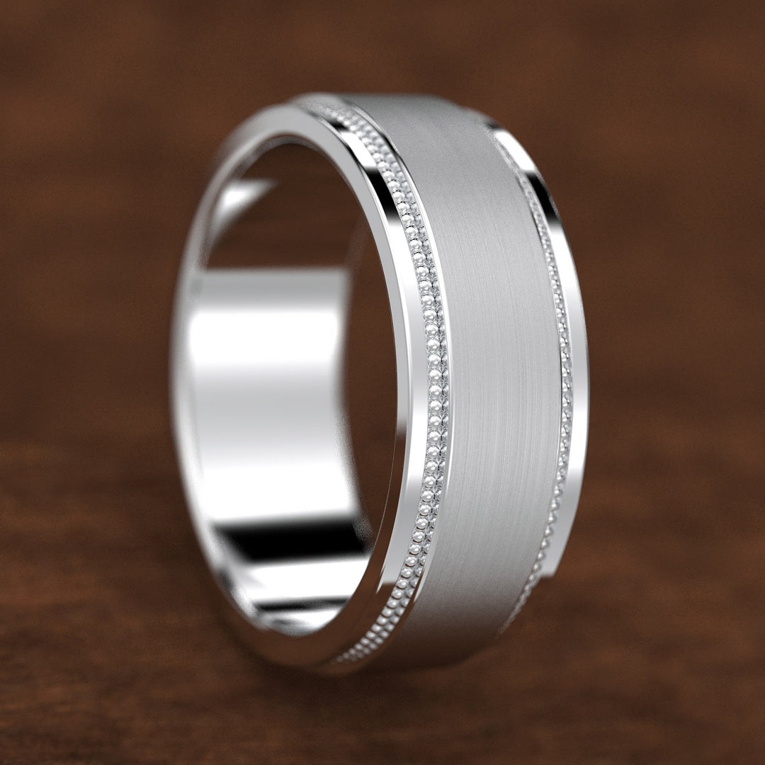 men’s brushed center band with double milgrain borders in wide profile