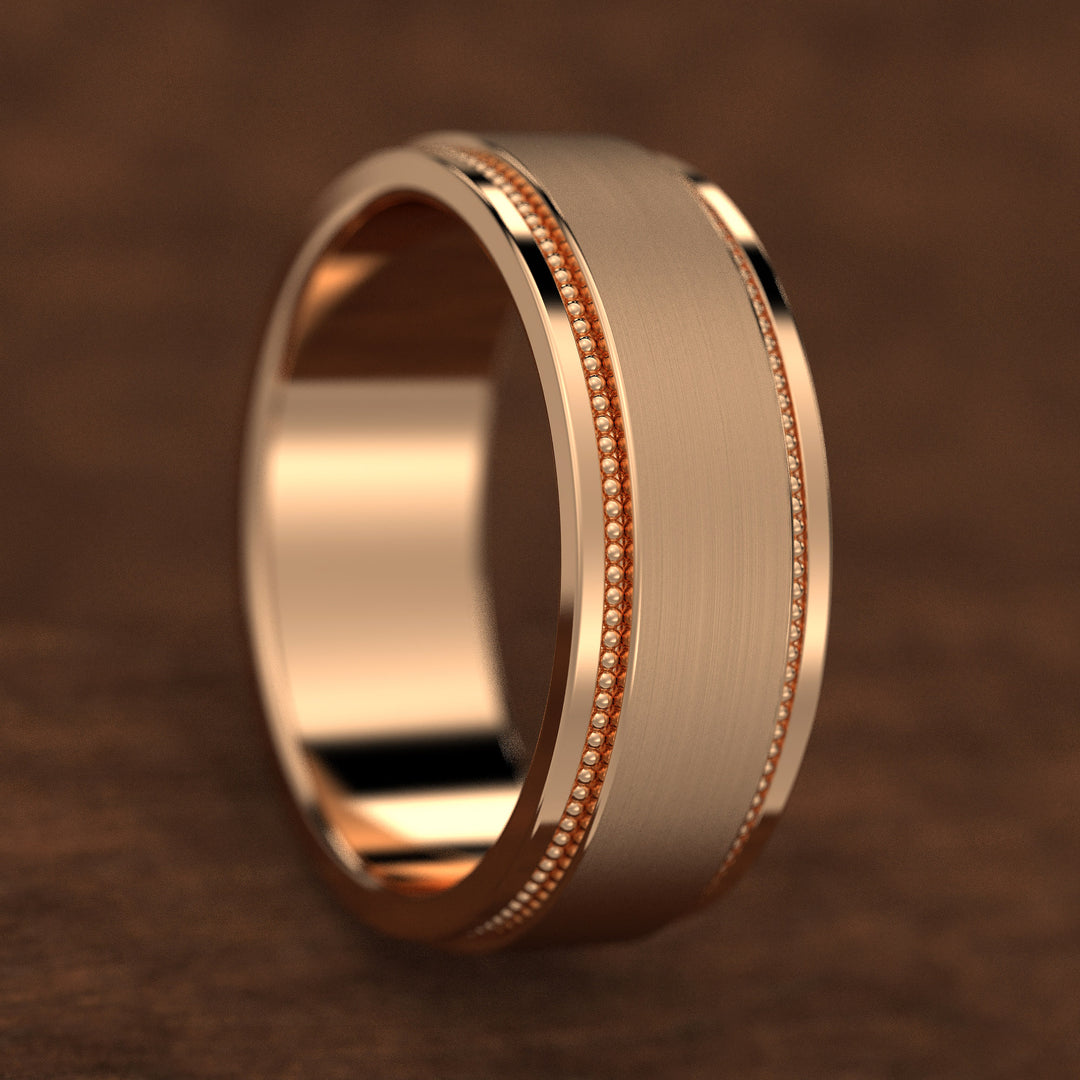 men’s brushed center band with double milgrain borders in wide profile